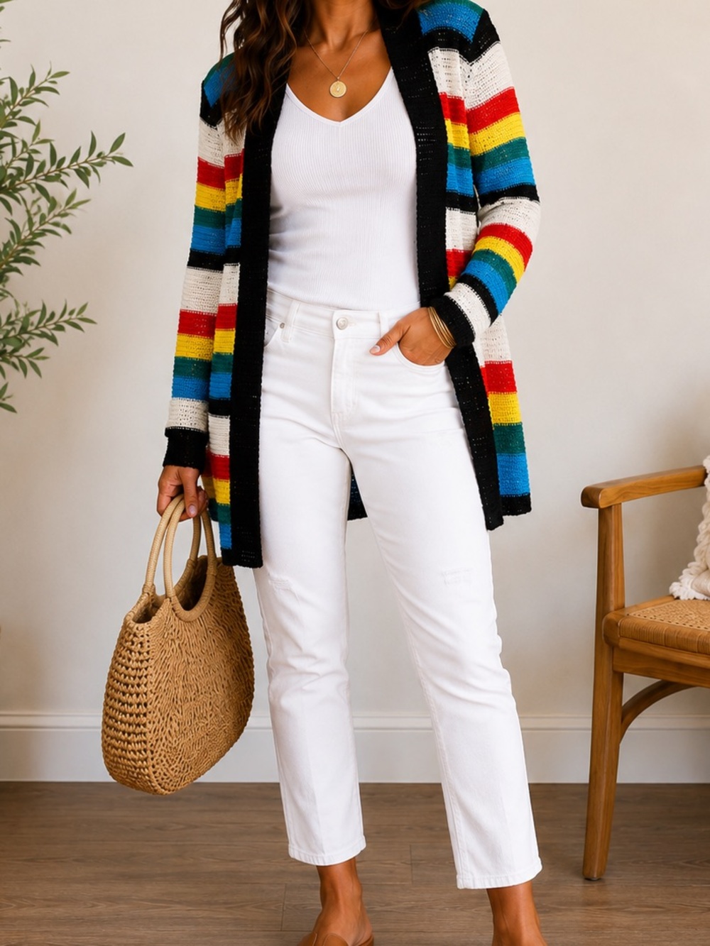 Neslay Paris Multicolor Striped Open Front Cardigan